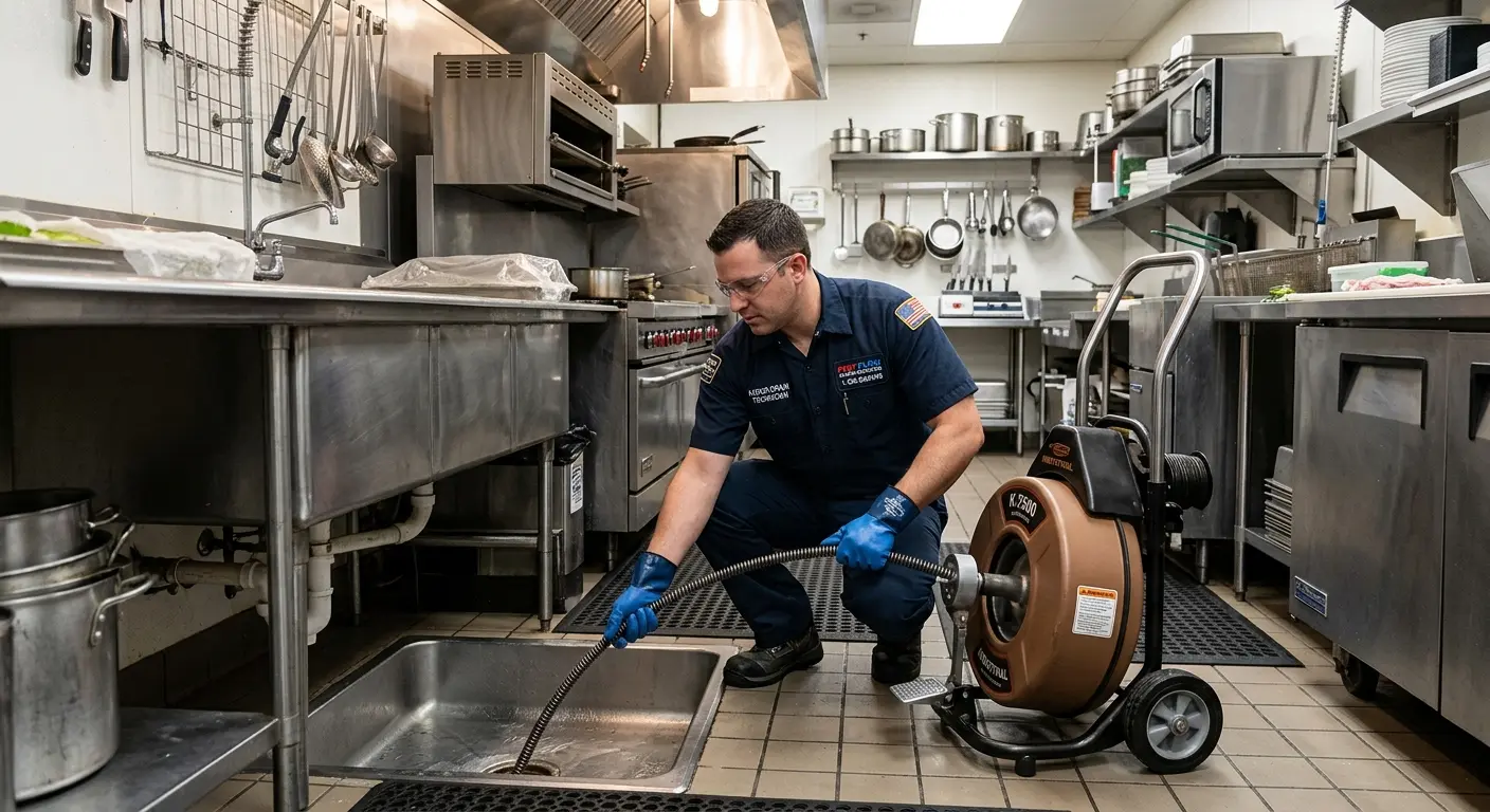 Commercial drain cleaning service in a restaurant kitchen in Farmersville