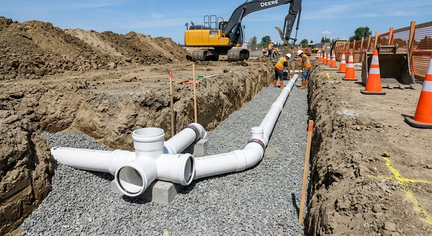 New PVC sewer pipe installation in open trench for Sewer Backup in Farmersville