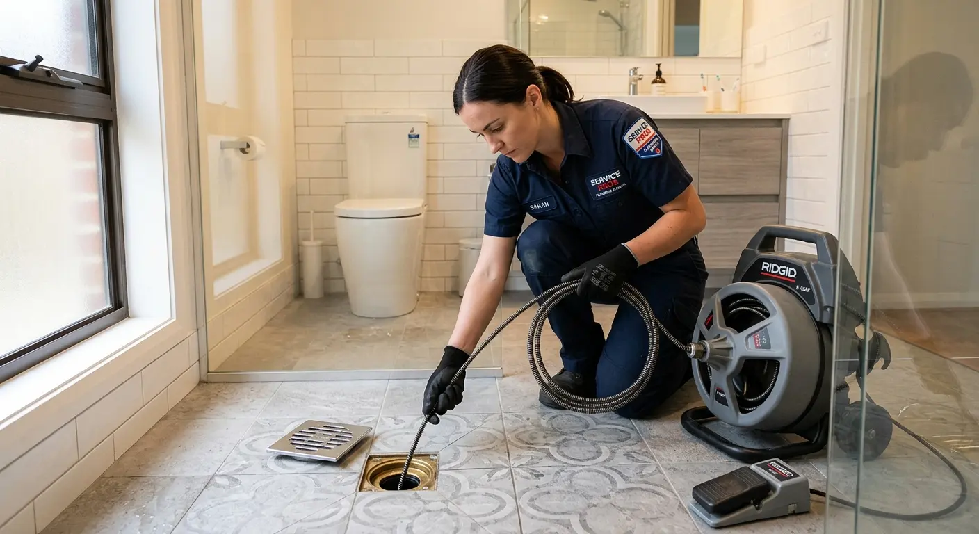 Technician clearing a bathroom floor drain for Sewer Line Replacement in Farmersville